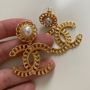 Chanel Gold Pearl Logo Earrings